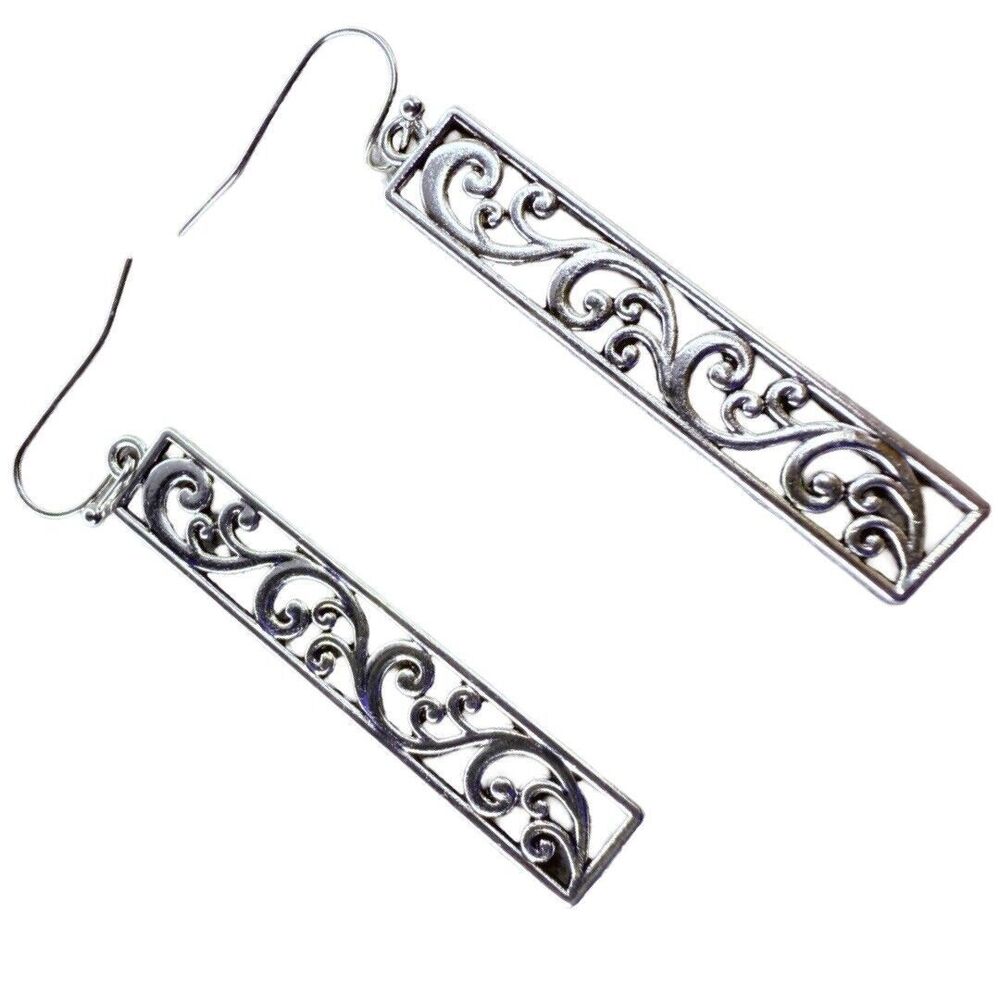 Silver-Tone Rectangular Dangle Earrings 2" Filigr… - image 4